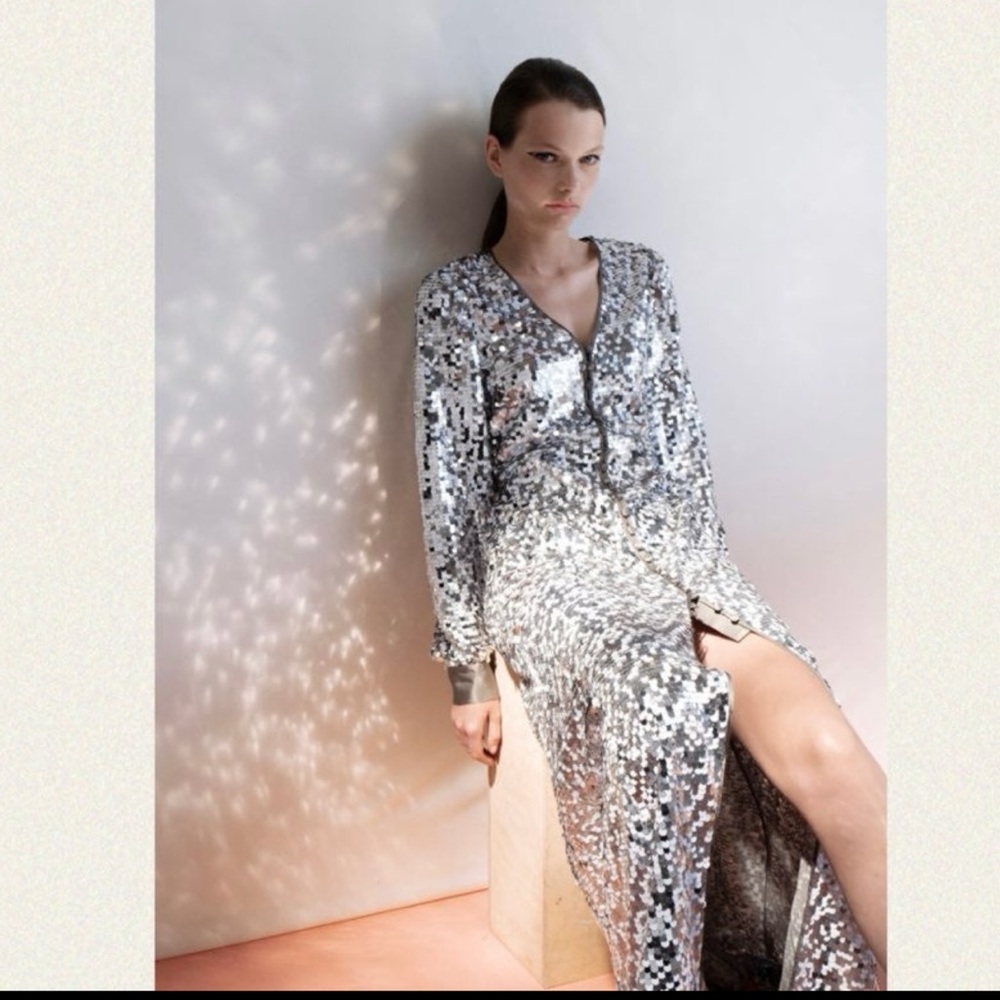 Zara Silver Sequin Long Sleeve Maxi Dress with front slit